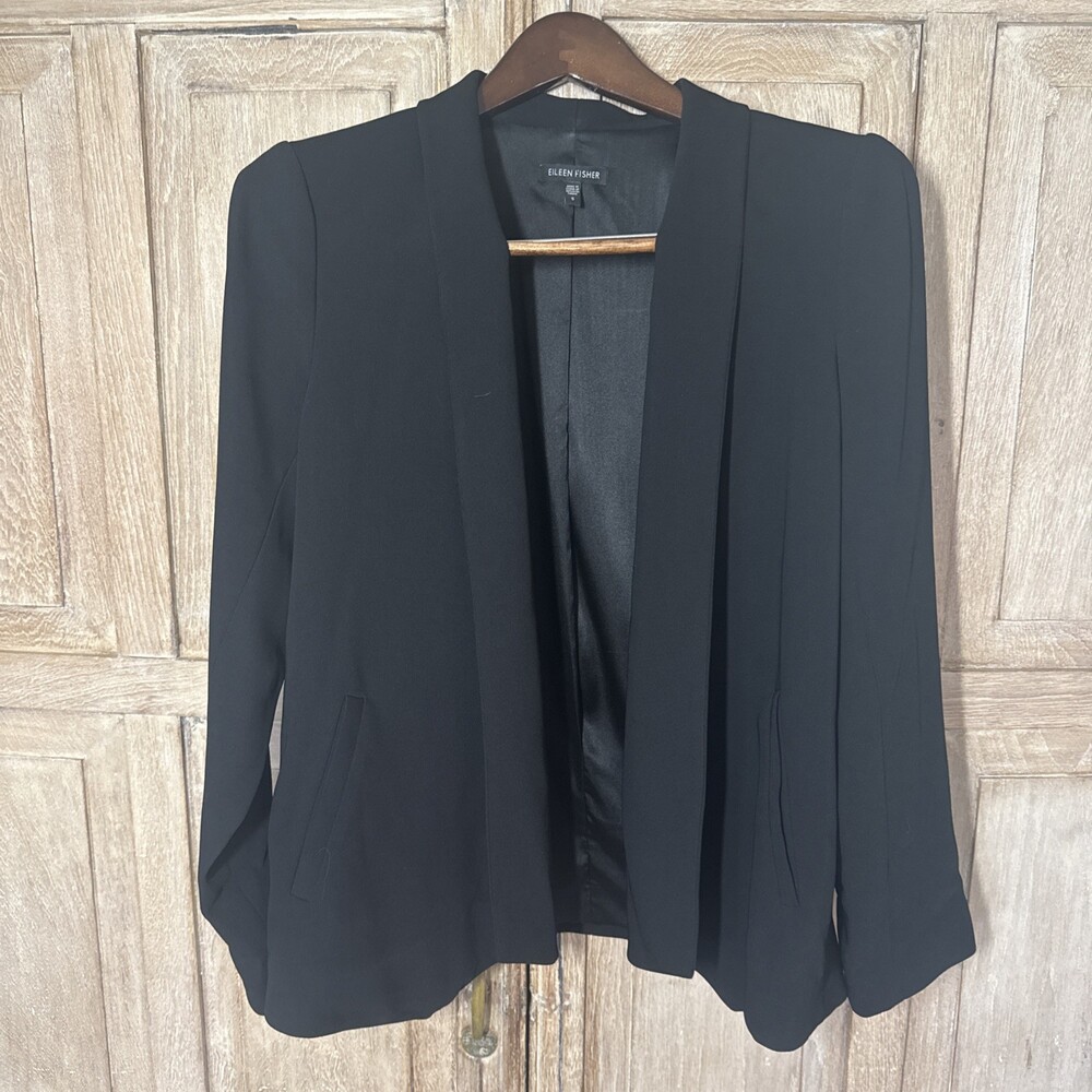 Eileen Fisher Black Silk Lined Open Front Blazer Small
